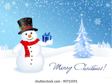 This image is a vector file representing a 3d happy snowman with a gift,  all the elements can be scaled to any size without loss of resolution.
