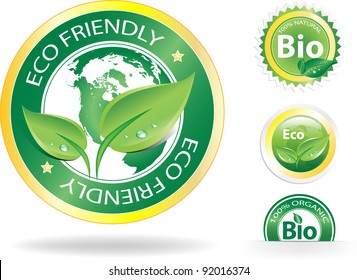 This image is a vector file representing a collection of 4 eco/bio badges,  all the elements can be scaled to any size without loss of resolution.