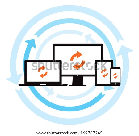 This image is a vector file representing a cloud data backup sync concept. / Cloud Data Backup Sync / Cloud Data Backup Sync