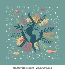 This image is a vector flat art illustration of the Earth surrounded by marine elements.