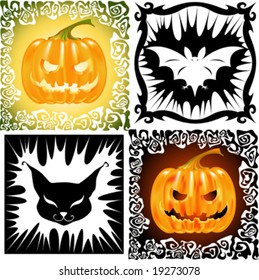 This image is a vector illustration and can be scaled to any size without loss of resolution. Pumpkins, cat and bat, are illustration to the holiday of Halloween