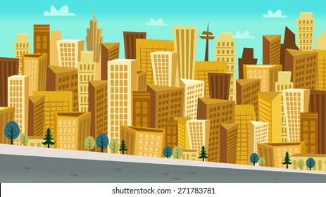 This image is a vector illustration of a cartoon style day cityscape scene. The buildings are drawn in fun kooky perspective and grouped in a cluster. 