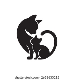 This image is a vector illustration depicting a black cat and a smaller black kitten.