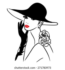 This Image Is A Vector Illustration Of An Elegant Lady Wearing A Big Black Hat And Black Gloves. 