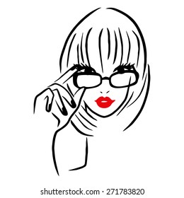 This image is a vector illustration of a girl wearing a thick rim glasses.  The drawing is stylized and minimalist.