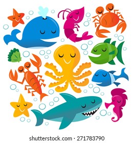 This image is a vector illustration of happy fun cartoon sea creatures set. 