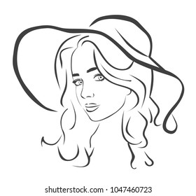 This image is a vector illustration of a long hair girl wearing a big floppy hat.
