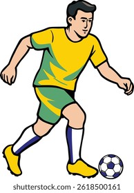 This image is a vector illustration of a soccer player dribbling the ball.