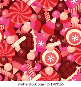 This image is a vector illustration of sweet chocolates and candies pile seamless pattern background. The candies are in pink, red and beige tone while the background is in brown.