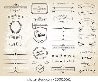 Esta imagen es un conjunto vectorial que contiene elementos caligráficos, bordes, divisores de páginas, decoración de páginas y adornos./ Conjunto vectorial de elementos caligráficos vintage/Conjunto vectorial de elementos caligráficos