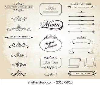 This image is a vector set that contains calligraphic elements, borders, page dividers, page decoration and ornaments./Vector Vintage Ornament Divide Border/Vector Vintage Ornament Divide Border