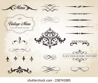 This image is a vector set that contains calligraphic elements, borders, page dividers, page decoration and ornaments./Vintage Vector Label Page Dividers and Borders/Vintage Vector Label Page Dividers