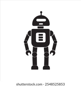 This image is a vector-style illustration of a robot. The design is minimalistic, showing a humanoid robot with segmented arms and legs, a rectangular body with a panel-like feature in the center.