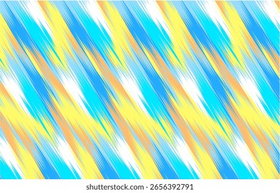This image is a vibrant, abstract pattern composed of diagonal stripes in shades of blue, yellow, and orange, with some white accents. The stripes have a textured or "frayed" edge.