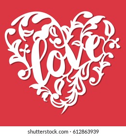 This image is a vintage paper cut style love swirl flourish heart. The heart lace is composed of love phrase, swirls and flourishes. The heart is white in color set against a red background. 