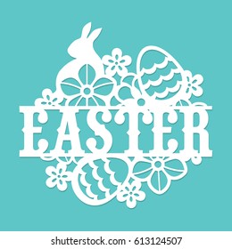 This image is a vintage paper cut easter floral egg rabbit title. The lace is composed of easter phrase, easter eggs, flowers and easter rabbit. 