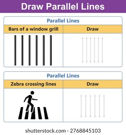 This image visually explains the concept of parallel lines using two distinct examples: the bars of a window grill and the markings of a zebra crossing.