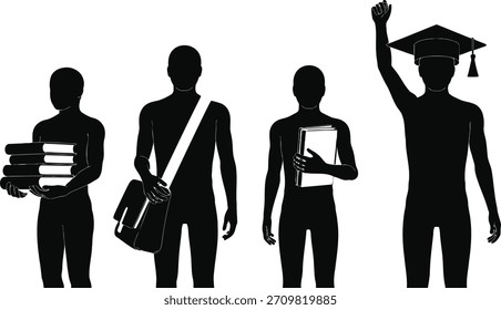 Esta Imagen representa visualmente el viaje académico de los estudiantes, mostrando la progresión de llevar libros a lograr la graduación con una pose de celebración.