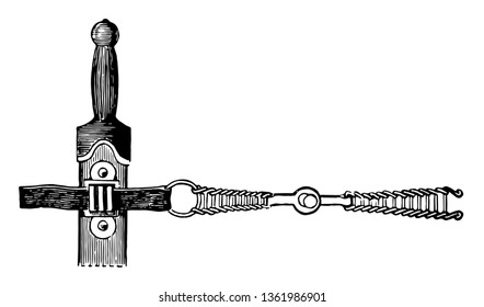 Esta es la imagen de las armas. Esta es la imagen de la empuñadura de la espada y de la Girdle. En este arma hay una cadena, un dibujo vintage o una ilustración grabadora.