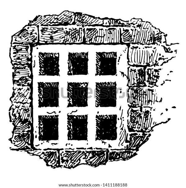 This is the image\
of the window. The window is divided into 9 equal parts in square\
format. This is the window of the traquita, vintage line drawing or\
engraving illustration.