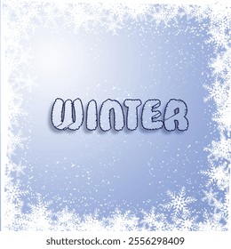 In this image Winter" text with snowy font, surrounded by snowflakes on a frosty blue background.