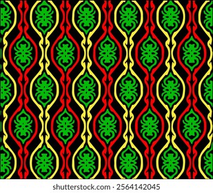 This images showcase modern batik patterns with geometric and repetitive designs. The motifs appear symmetrical with decorative elements arranged systematically, creating a dynamic