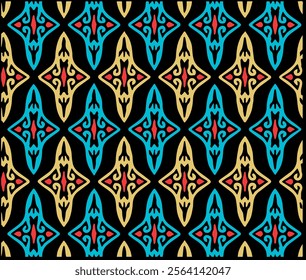 This images showcase modern batik patterns with geometric and repetitive designs. The motifs appear symmetrical with decorative elements arranged systematically, creating a dynamic