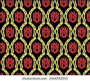 This images showcase modern batik patterns with geometric and repetitive designs. The motifs appear symmetrical with decorative elements arranged systematically, creating a dynamic