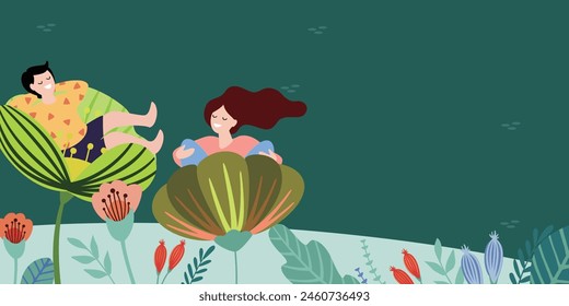 This imaginative digital art piece depicts a couple lounging on oversized, whimsical flowers in a serene aquatic environment.