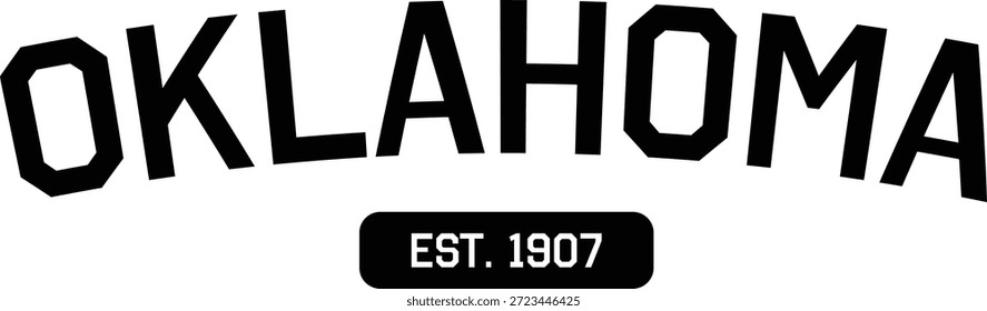 This impactful vector graphic features the word Oklahoma alongside the historic founding date Est. 1907, rendered in a traditional collegiate varsity typeface with a bold black geometric accent. Specifically designed for the athletic apparel and travel souvenir markets, this scalable design captures the spirited heritage and pioneering identity of the Sooner State with masterful precision. The heavy, high-contrast black lettering ensures immediate readability and significant visual impact, making it a premier choice for custom hooded sweatshirts, fan gear, and university-inspired fashion. The technical file is defined by flawlessly smooth vector paths and expertly closed loops, making it highly compatible with vinyl cutting machines like Cricut and Silhouette for producing car window decals, personalized travel gear, and unique apparel for residents or vacationers. Conceptually, the typography represents regional pride, academic history, and a strong sense of community belonging. It serves as a vital resource for designers creating local boutique branding, commemorative event posters, or digital social media content focused on life in the Great Plains. The master craftsmanship of the lettering ensures that the dense, athletic lines remain crisp when enlarged for massive billboard signage or reduced for small product labels, capturing the unique silhouette of American regional identity for both digital and physical media.