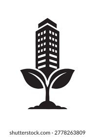 This impactful vector illustration presents a powerful metaphor for green architecture and sustainable urban development. It features a modern high-rise skyscraper emerging from the earth like a living plant with healthy leaves, symbolizing the harmonious integration of city infrastructure and environmental preservation. This graphic is an essential visual for projects focusing on eco-friendly building practices, renewable energy initiatives, and carbon-neutral city planning. Perfect for corporate social responsibility (CSR) reports, environmental organization websites, and architectural firm presentations. The clean black silhouette design ensures that the message of growth, sustainability, and biological innovation is conveyed with professional clarity and modern style.