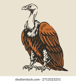 Este impresionante buitre está encaramado con sus alas ligeramente extendidas que muestran ricos colores de plumas contra un telón de fondo ligero. La postura del ave sugiere confianza y fuerza.