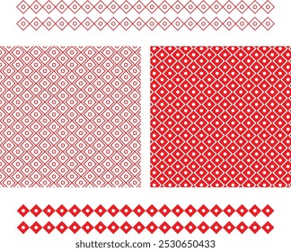 This indie pattern showcases symmetrical diamond motifs in red and light pink, arranged in a grid with matching borders, blending minimalism with geometric charm.