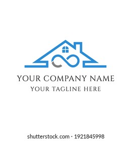 Este es un vector de diseño de logotipo de casa infinito. Es mínimo, moderno y atractivo, que se puede utilizar para cualquier tipo de negocio inmobiliario.