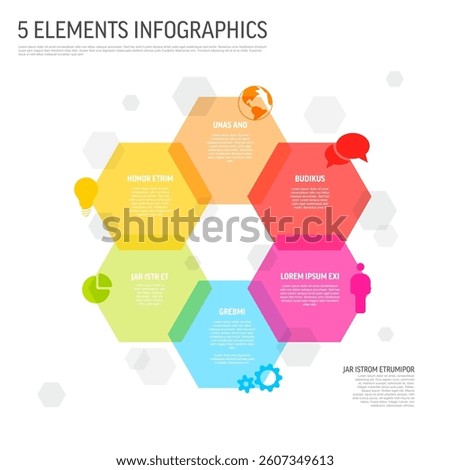 This infographic features five vibrant hexagonal elements in yellow, red, green, blue, and pink. Each section is paired with icons and text, ideal for data visualization layouts.