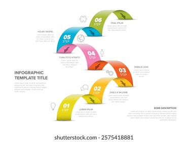 This infographic image displays a six-step process with vibrant, overlapping jumps, each step numbered and color-coded. It includes placeholder text and icons for visual enhancement.