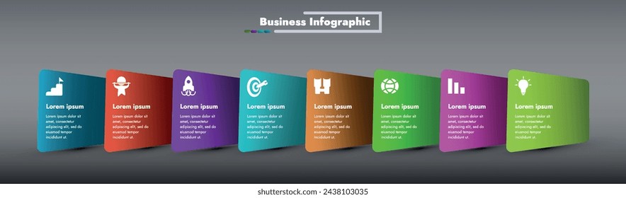 This infographic presents an eight-step process for successful business development. Using modern design and graphic elements, it illustrates the key stages of strategy and planning.