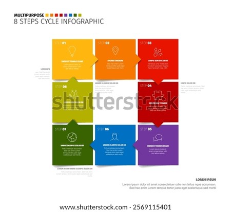 This infographic showcases an 8-step cycle with colorful squares and arrows. Each step is clearly numbered and color-coded, emphasizing the cycle's flow across all steps.