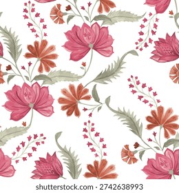 This infographic showcases a beautiful array of flowers and leaves in a watercolor style, set against a white background. The flowers are displayed on long stems, with each stem emitting leaves and buds. The color palette is saturated with tones of pink and orange, complemented by shades of green and brown for the leaves.