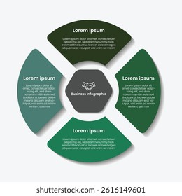 This infographic showcases a circular diagram divided into four distinct segments, each representing a key concept or stage. At the center is a hexagon labeled “Business Infographic”.