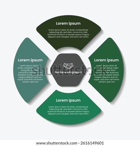 This infographic showcases a circular diagram divided into four distinct segments, each representing a key concept or stage. At the center is a hexagon labeled “Business Infographic”.