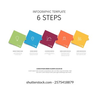 This infographic template features six colorful steps with icons and descriptions. Ideal for representing processes or workflows, each step is uniquely colored and labeled.