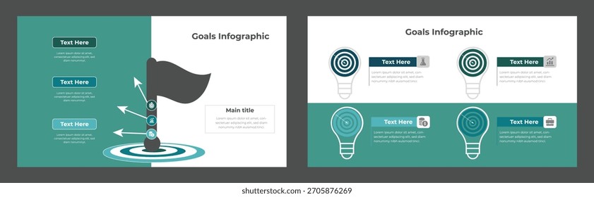 Esta Plantilla de infografía ilustra la configuración de objetivos con una marca en un objetivo, iconos de bombilla y cuadros de texto para pasos hacia el éxito. Se proporcionan dos variaciones.