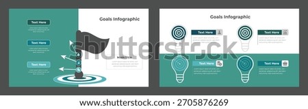 This infographic template illustrates goal setting with a flag on a target, lightbulb icons, and text boxes for steps to success. Two variations are provided.