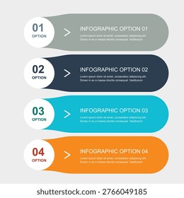 This infographic template offers a visually appealing way to present information in four distinct options. The colorful design features a clean and modern aesthetic, making it perfect for business or educational purposes. The template includes placeholder text and a clear structure, allowing users to easily customize it to suit their needs. The four options provide flexibility and versatility, enabling users to effectively communicate their message and engage their audience.
