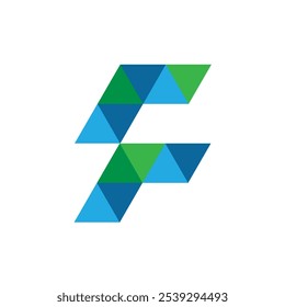 Este es un diseño inicial del logotipo de una letra F hecha de triángulos de color azul y verde en estilo plano