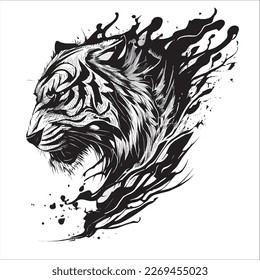 This ink splatz tiger head vector illustration is a bold and striking design, featuring intricate details of the tiger's fur, whiskers, and stripes.