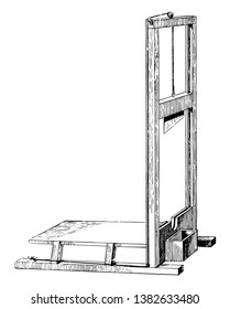 This is an instrument where the prisoner's head is used for cutting punishment, vintage line drawing or engraving illustration.