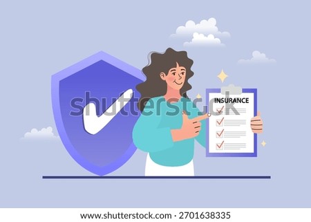 This insurance concept shows a happy woman holding a policy checklist next to security shield. The checkmark symbolizes total protection, a guarantee, and full coverage for a health or life insurance.