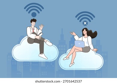 Este concepto de conexión a Internet muestra a una mujer desconectada con un problema de mala señal wifi en su computadora portátil. Ilustra un error fuera de línea o un fallo de red, mientras que un hombre disfruta de una buena señal en línea.